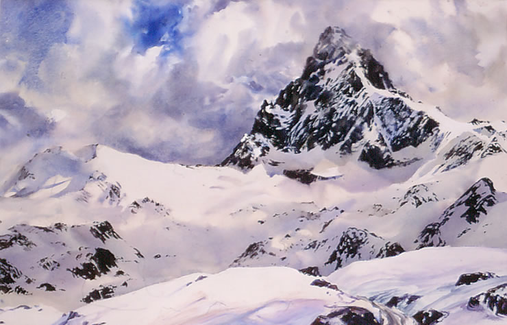 Watercolour and acrylic painting of alps by Wayne Roberts