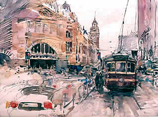 Flinders Street Station, Melbourne, watercolour by Wayne Roberts