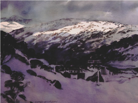 watercolour of Perisher, Australian Snowy Mountains