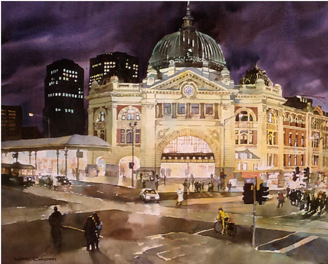 watercolour of Melbourne at night by Wayne Roberts