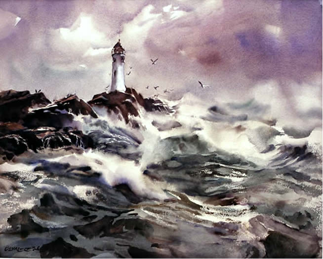 Lighthouse, watercolour by W.A. Roberts
