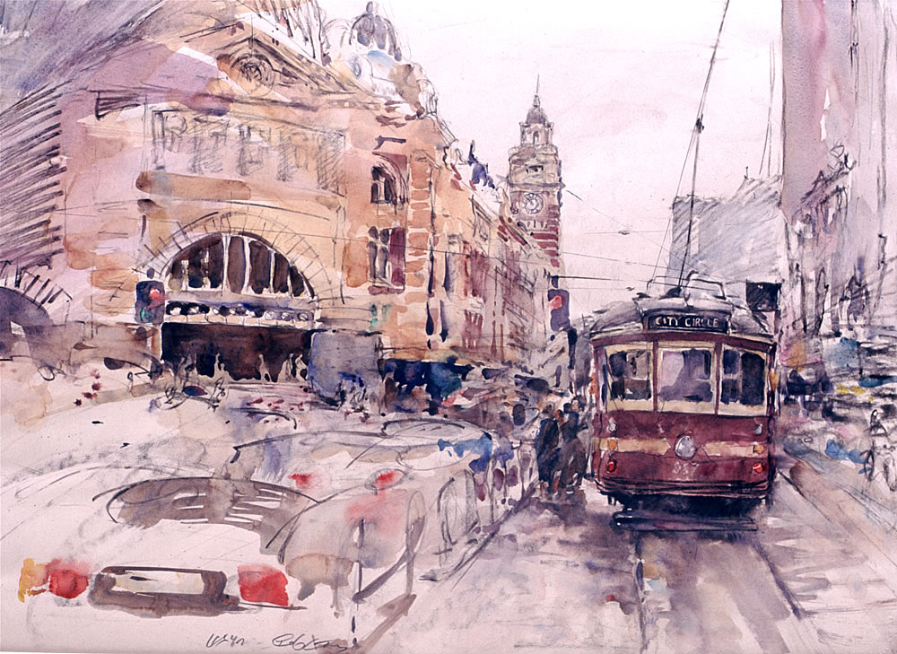 Flinders Street Station, watercolour and drawing in graphite and charcoal by Wayne Roberts