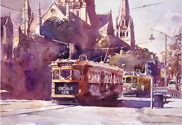 Swanston Street, Melbourne, watercolour by Wayne Roberts