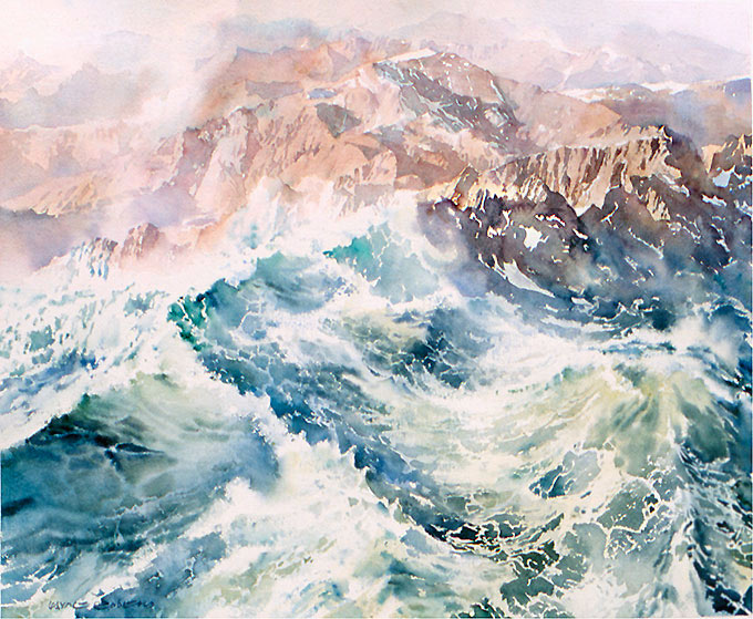 Wave upon wave, transparent watercolour by Wayne Roberts